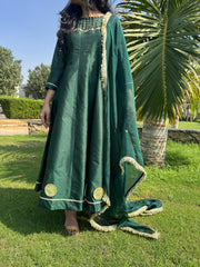 Emerald Green Anarkali Dress with Golden Detailing – Women’s Festive and Wedding Wear