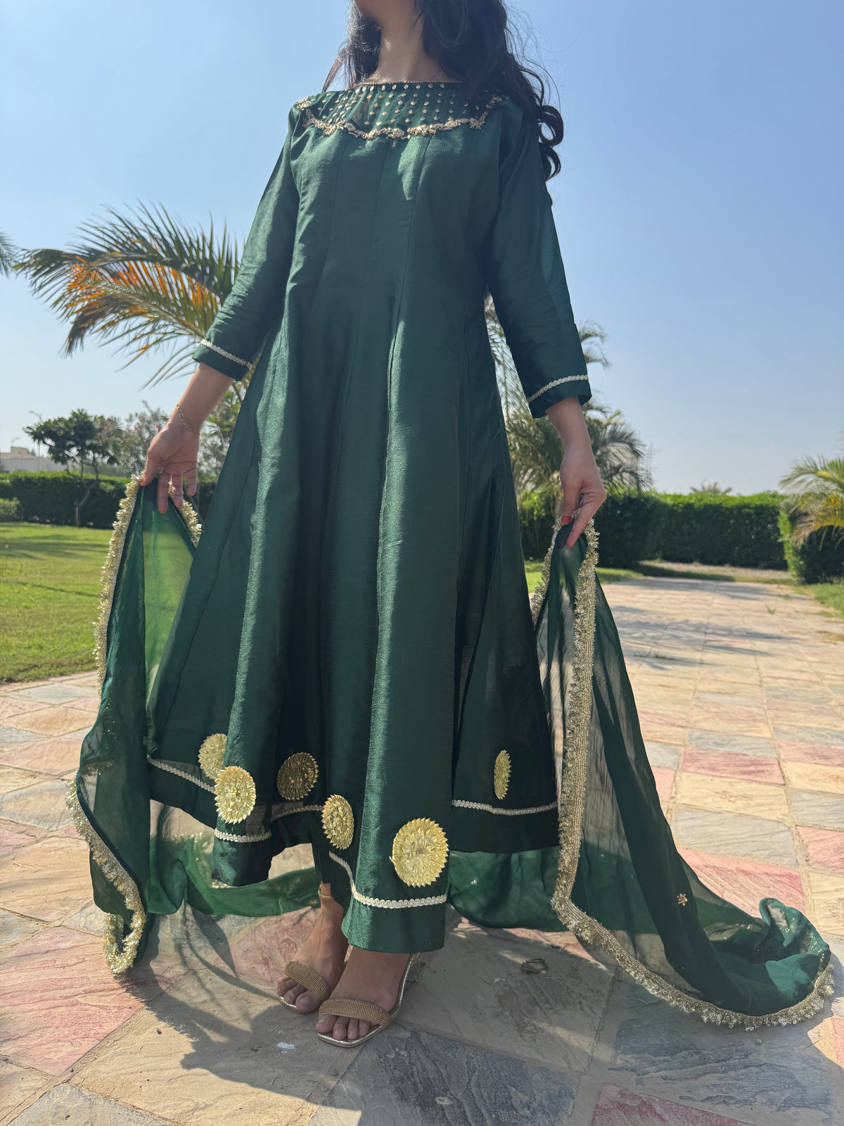 Emerald Green Anarkali Dress with Golden Detailing – Women’s Festive and Wedding Wear