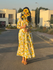 Women’s Yellow Floral Maxi Dress – Summer Long Dress with Lemon Print