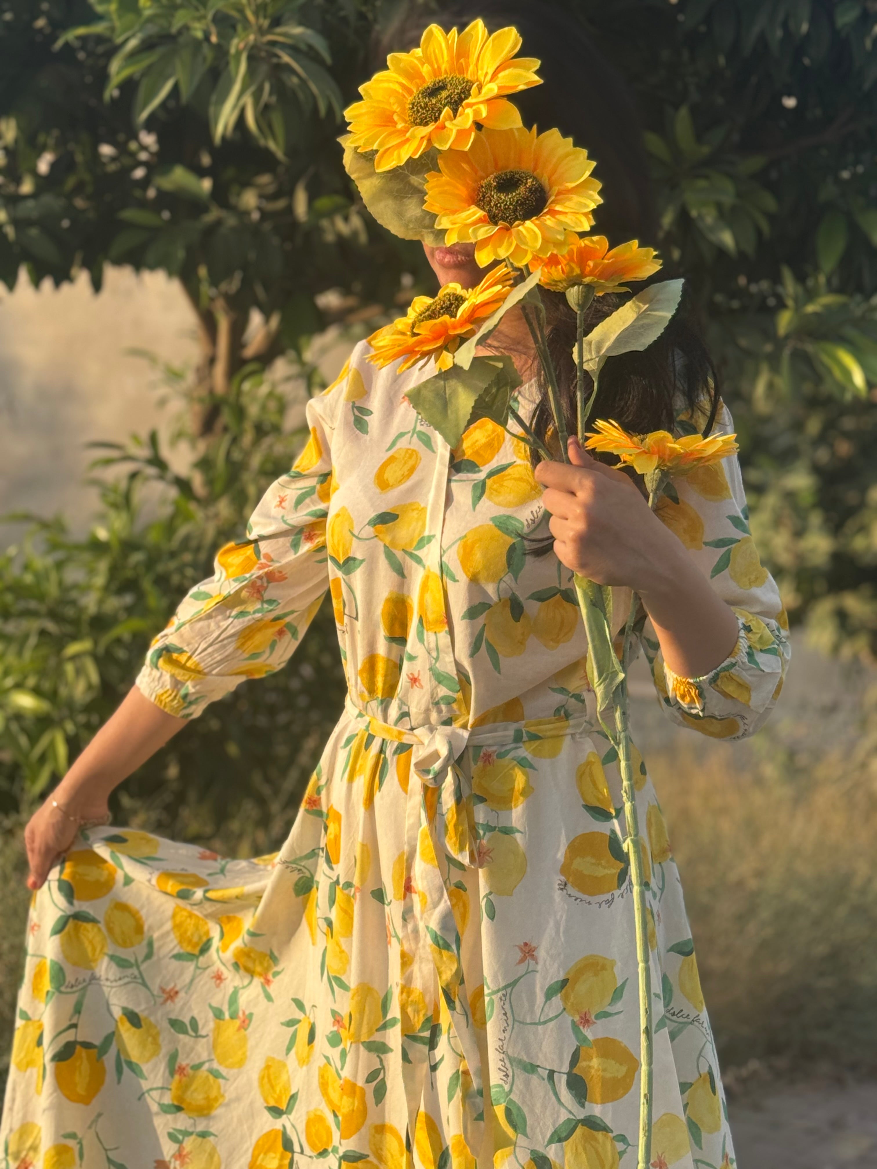 Women’s Yellow Floral Maxi Dress – Summer Long Dress with Lemon Print