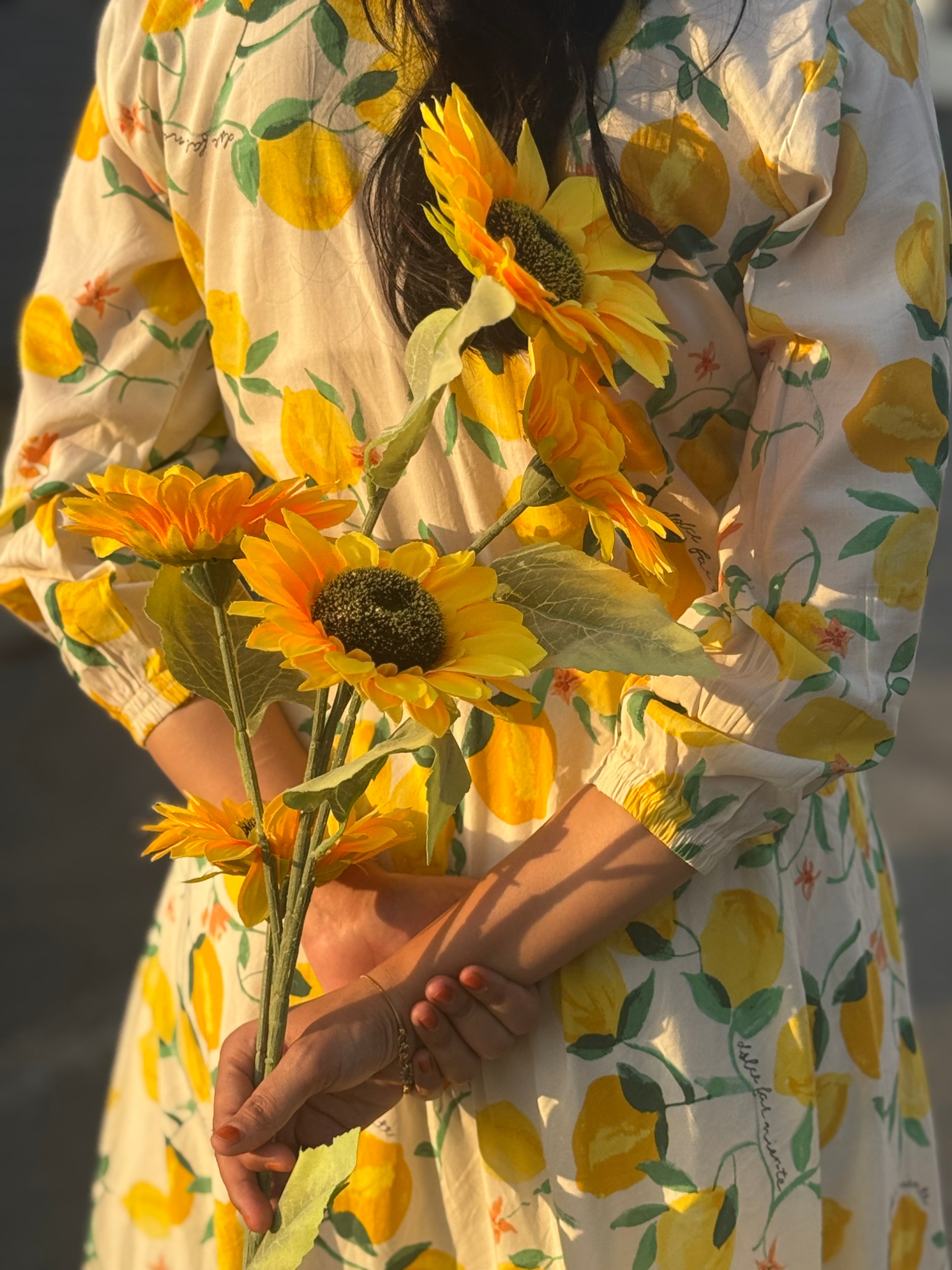 Women’s Yellow Floral Maxi Dress – Summer Long Dress with Lemon Print