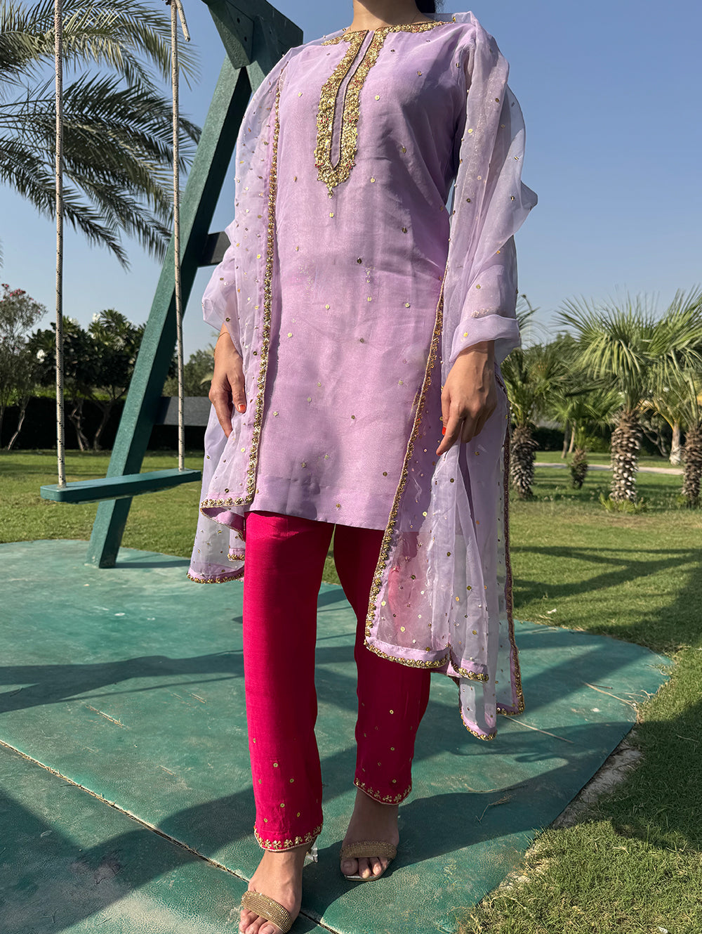 Women’s Lilac and Pink Embroidered Suit – Festive Ethnic Wear with Gold Detailing