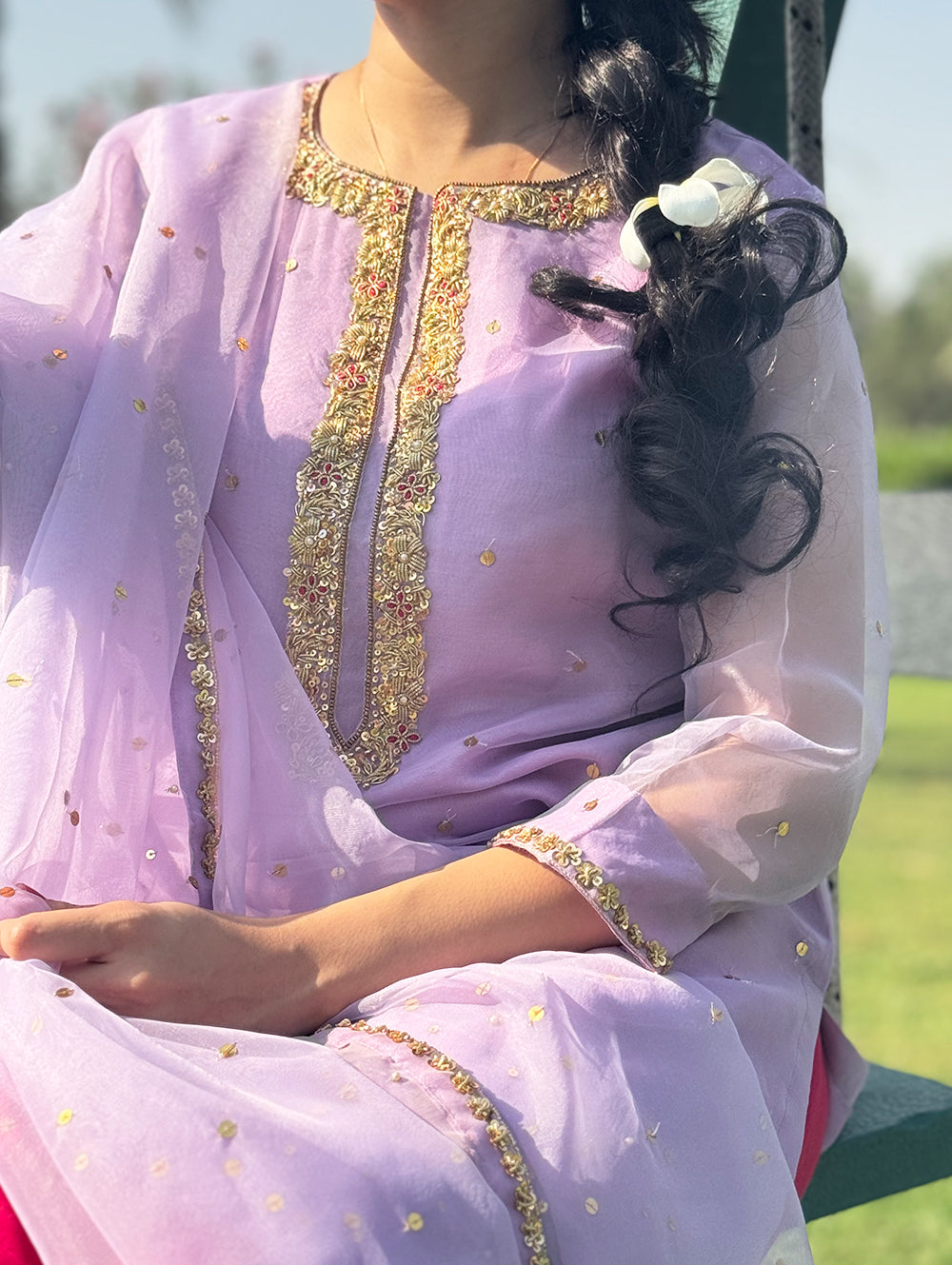 Women’s Lilac and Pink Embroidered Suit – Festive Ethnic Wear with Gold Detailing