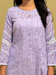 Lilac Textured Kurti with Lace Sleeves – Elegant Women’s Summer Ethnic Wear