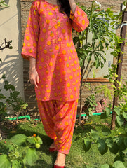 Pink and Orange Printed Kurta Set – Women’s Summer Casual Wear with Dhoti Pants