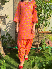 Pink and Orange Printed Kurta Set – Women’s Summer Casual Wear with Dhoti Pants